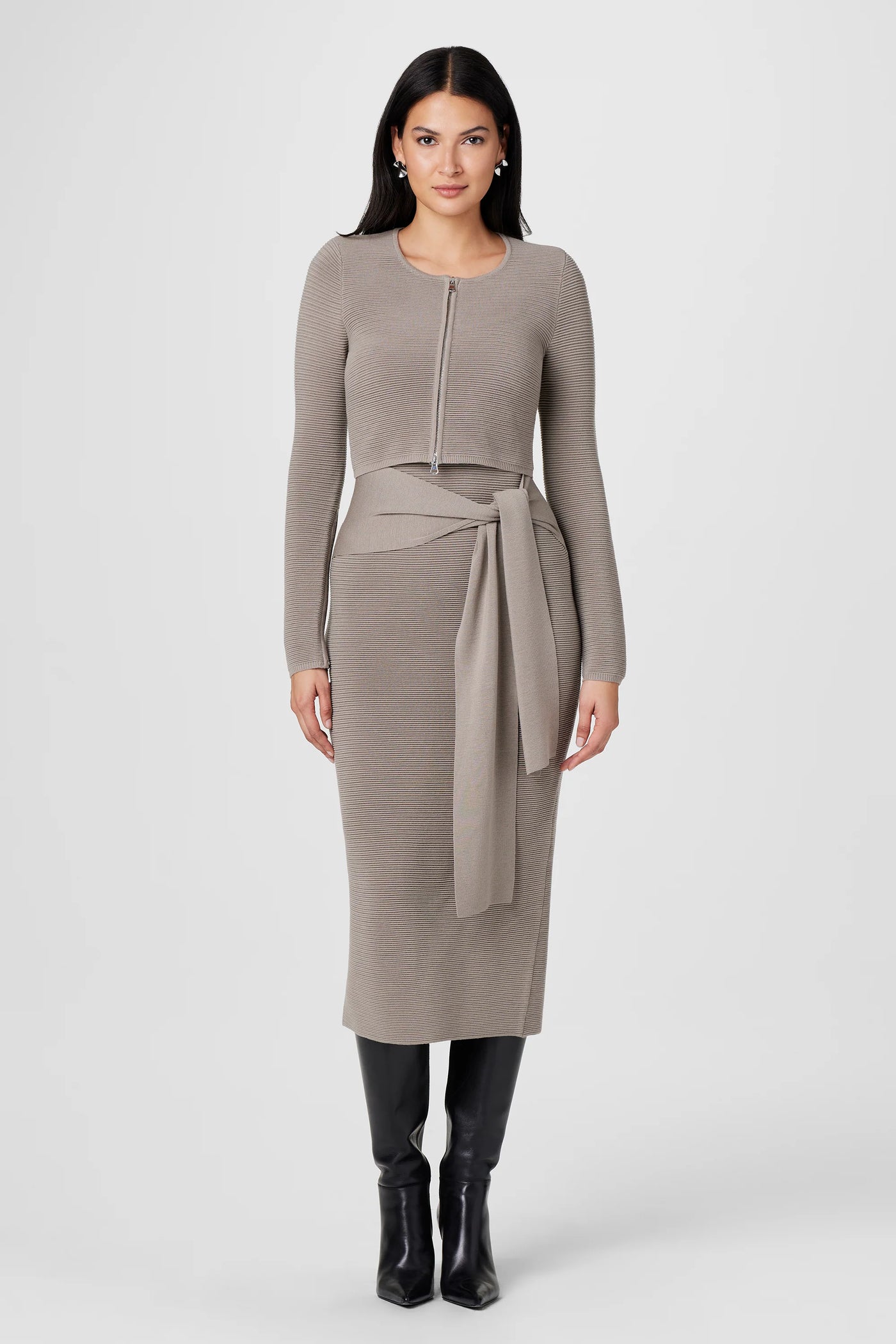 Elia Tie Front Knit Dress in Mushroom