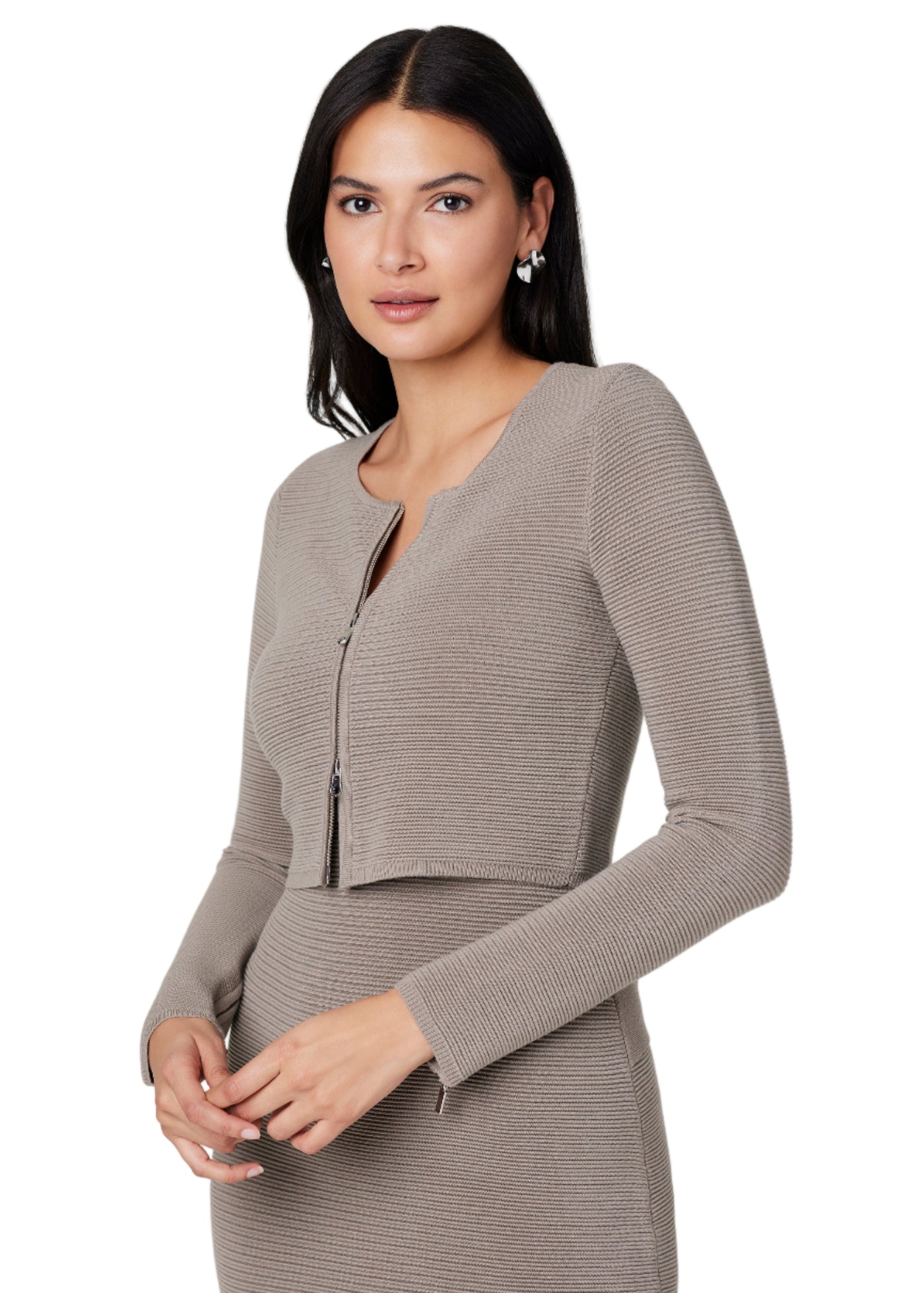 Tasha Zipper Crop Cardigan in Mushroom