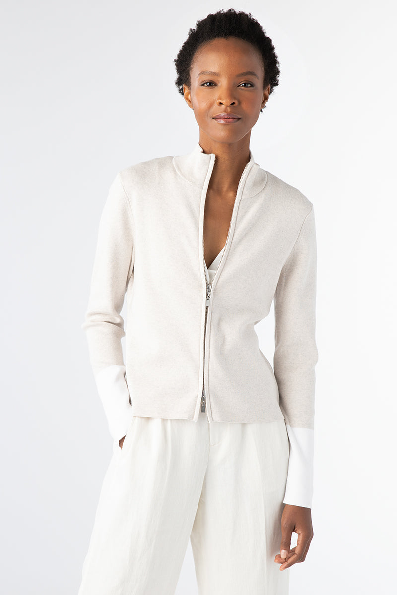 Contrast Trim Zip Mock Cardigan - Champagne/White