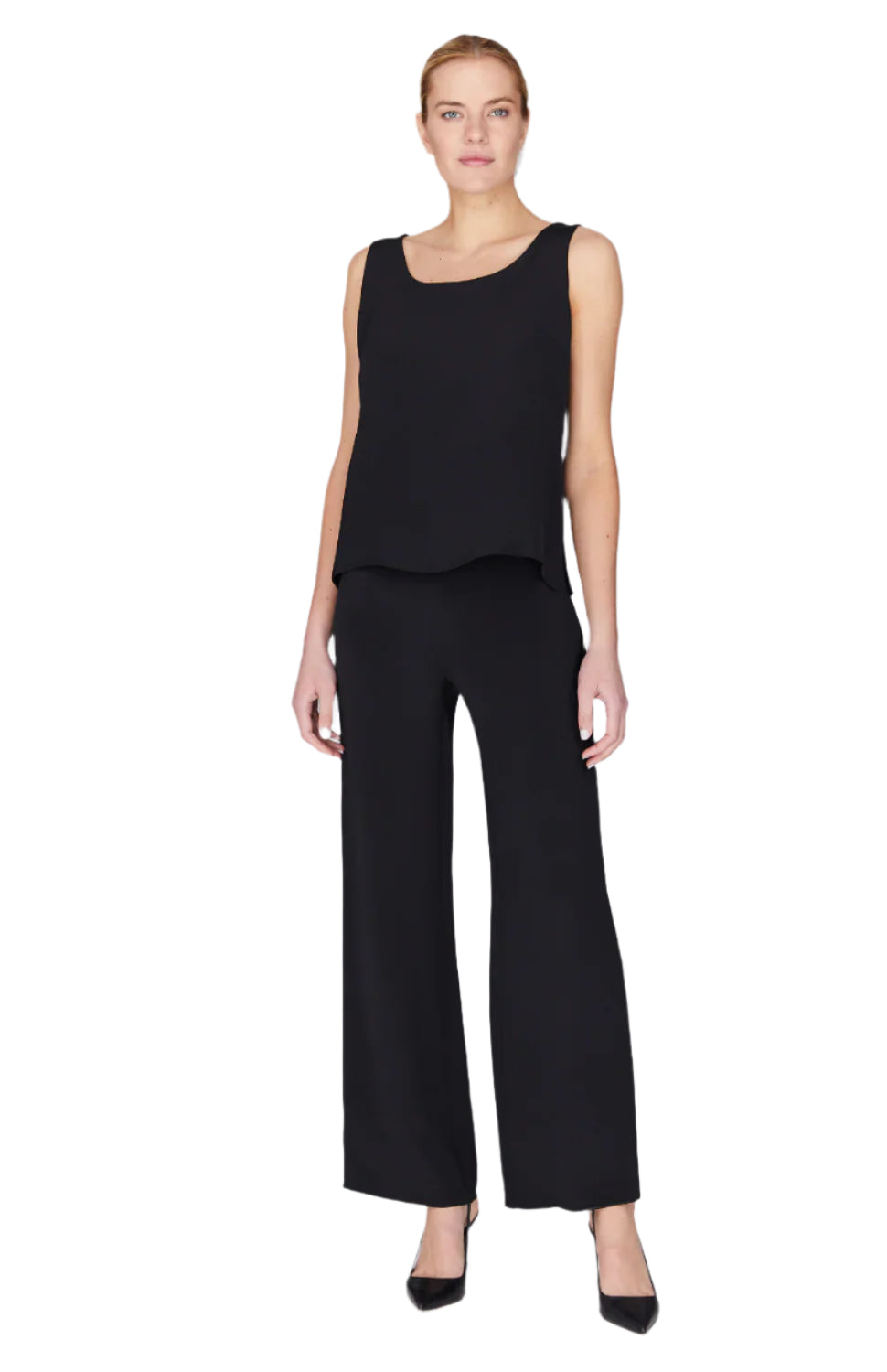 Silk Essential Wide Leg Pant w/Flat Front & Back Elastic in Black