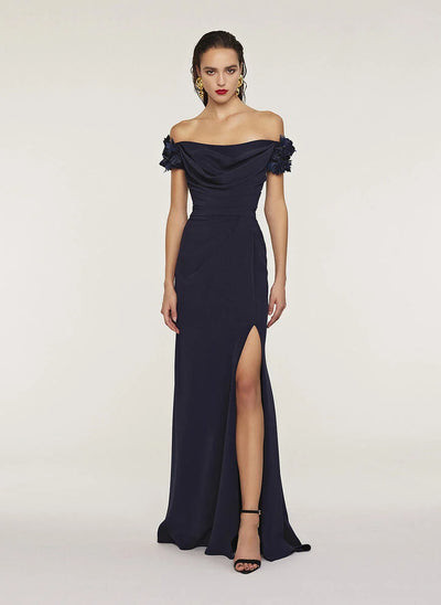 Off the Shoulder Flower Gown in Navy