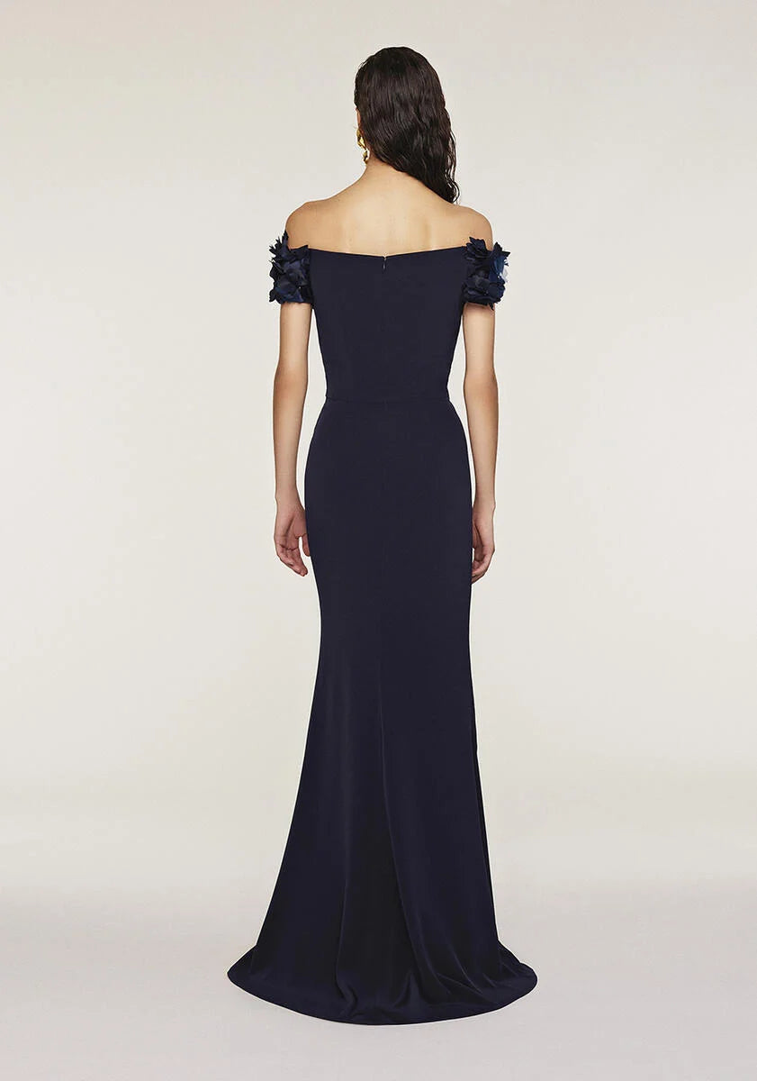 Off the Shoulder Flower Gown in Navy