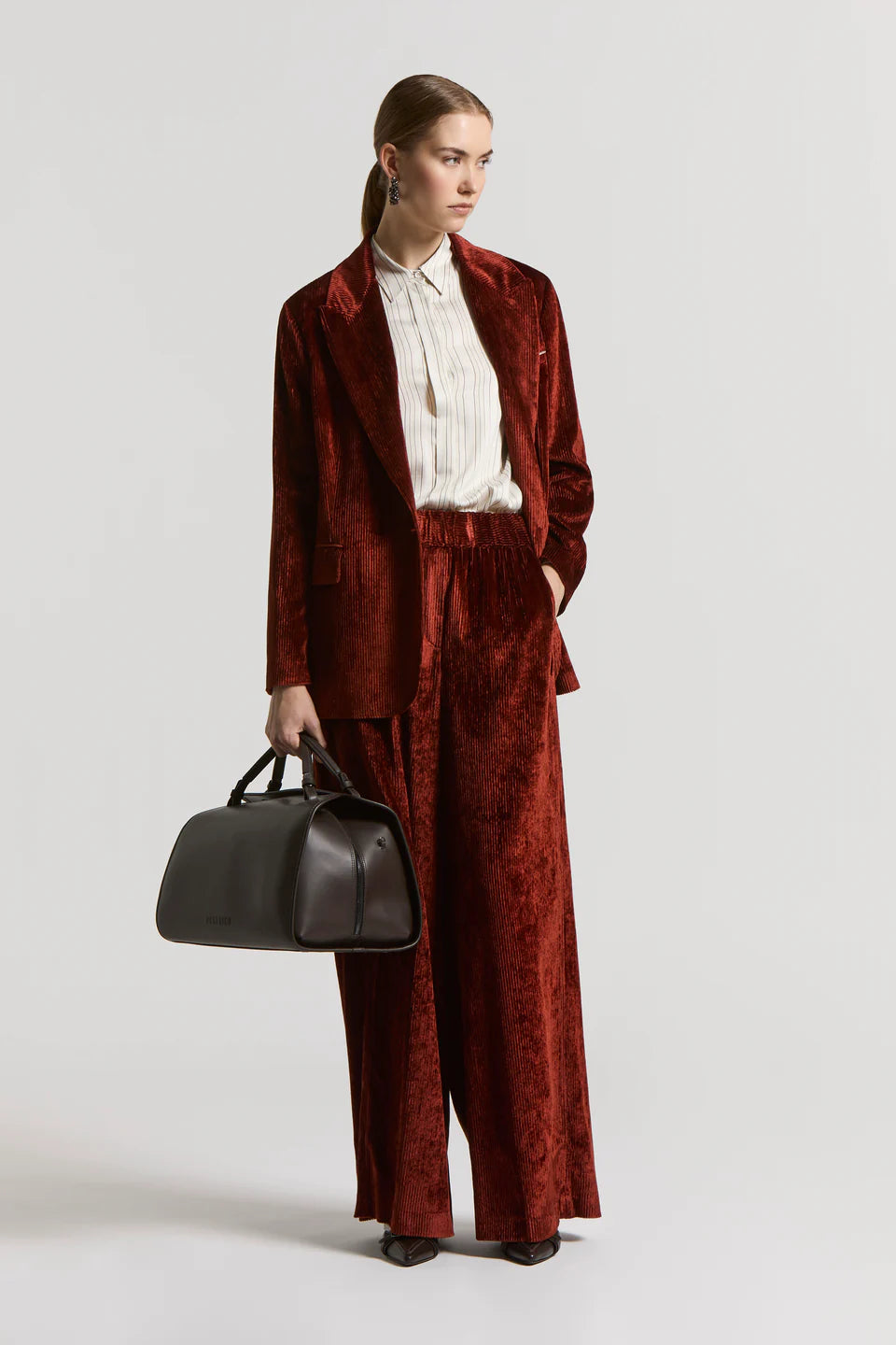 Leaf Collar Striped Blouse in Ebony Brown