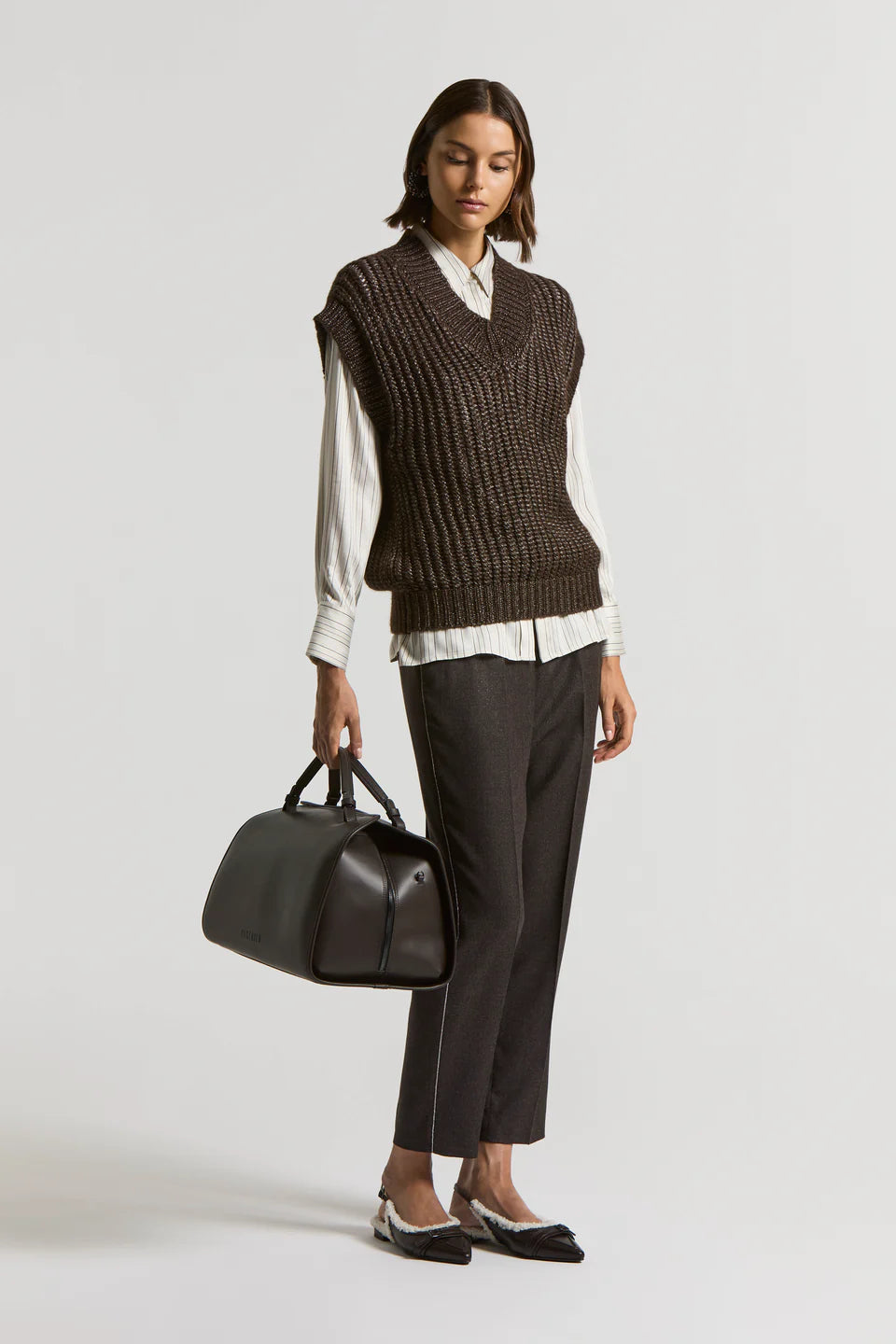 Leaf Collar Striped Blouse in Ebony Brown