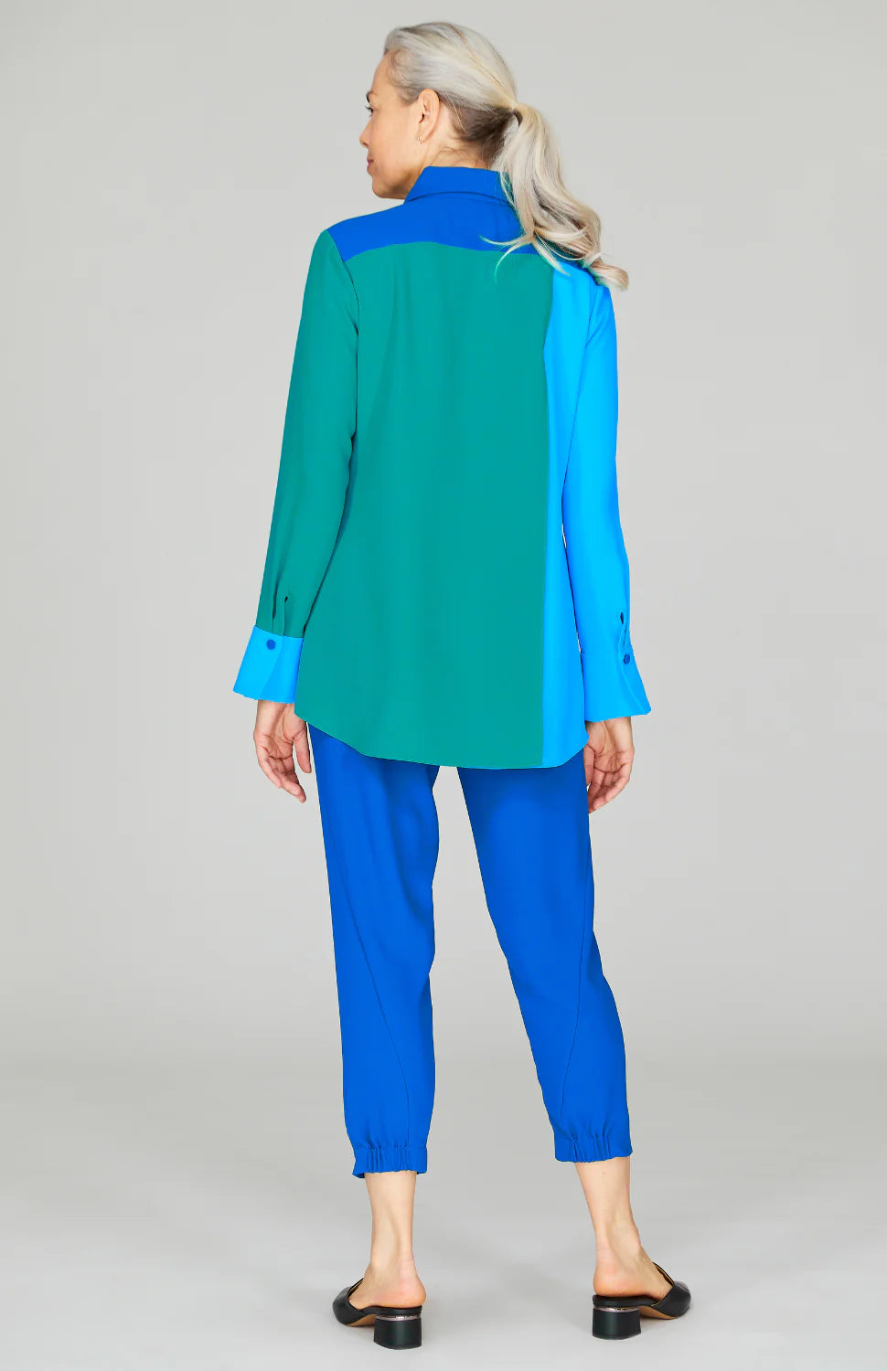 Three Tone Lustrous Crepe Back Overlap Shirt