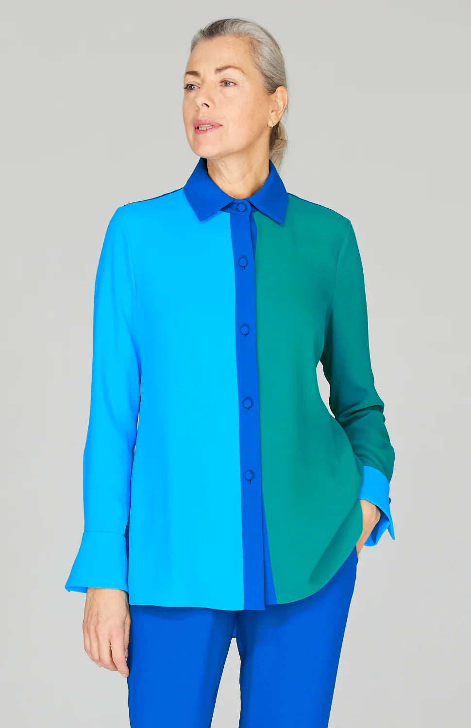 Three Tone Lustrous Crepe Back Overlap Shirt