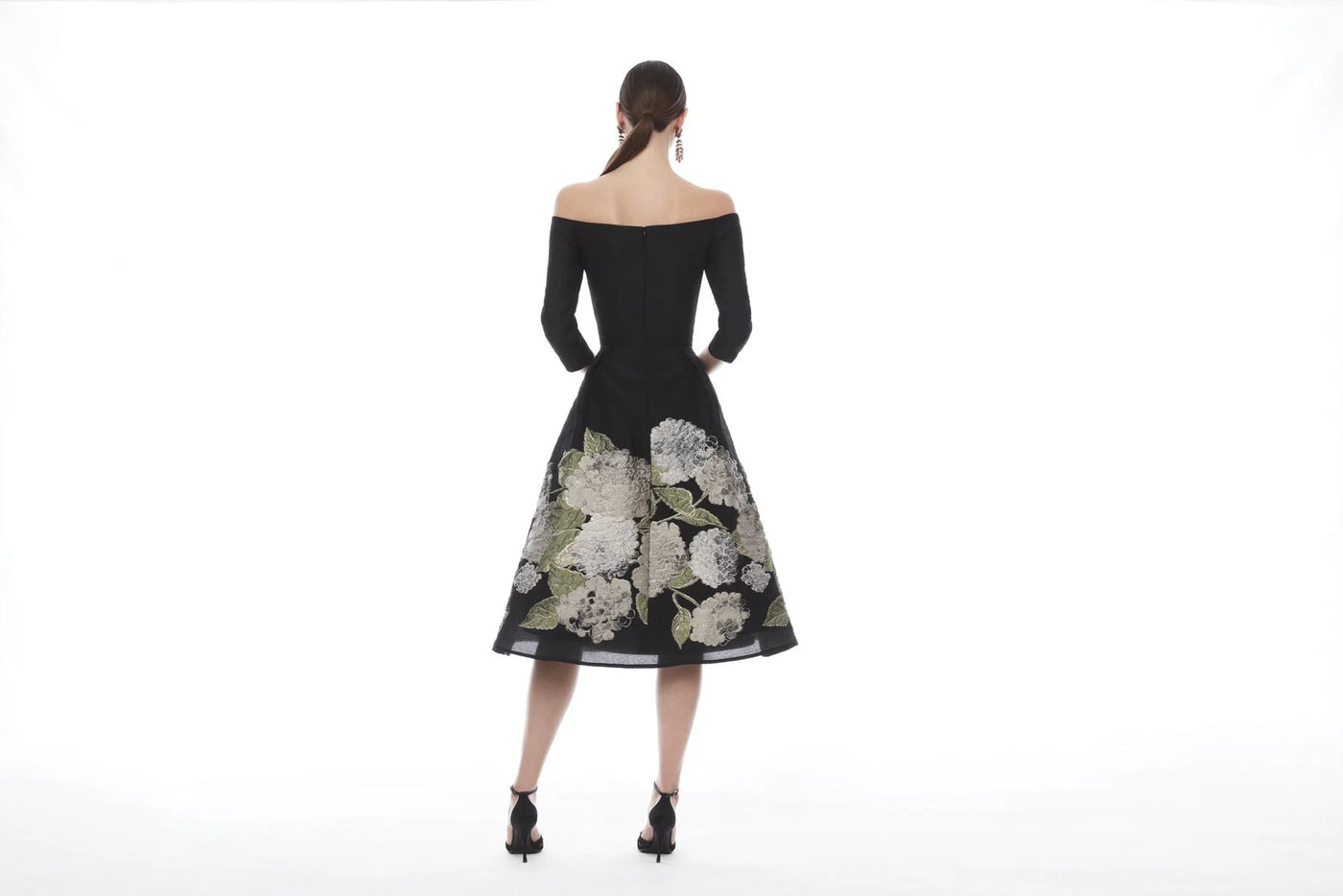 Off Shoulder Jacquard Midi Dress in Hydrangea Multi