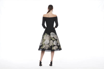 Off Shoulder Jacquard Midi Dress in Hydrangea Multi