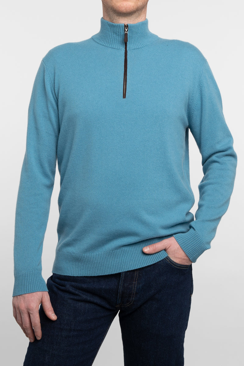 Men's Suede Trim Quarter Zip Mock in Glacier