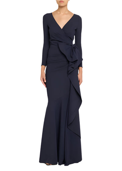 Maco Bow-Draped Jersey Gown in Midnight