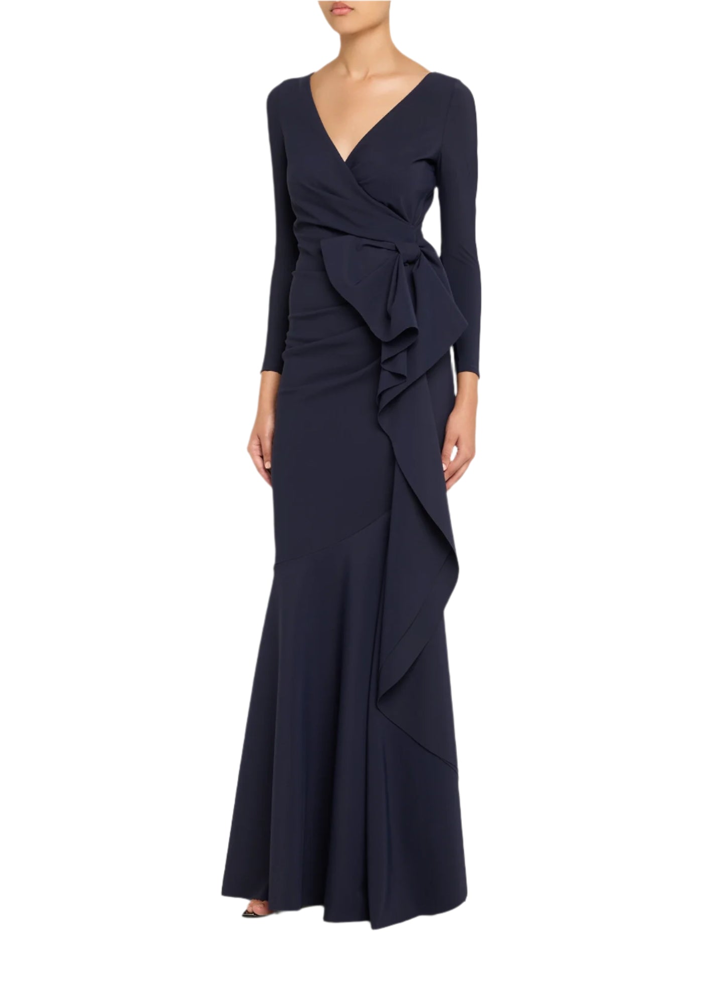 Maco Bow-Draped Jersey Gown in Midnight
