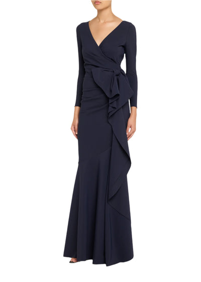 Maco Bow-Draped Jersey Gown in Midnight