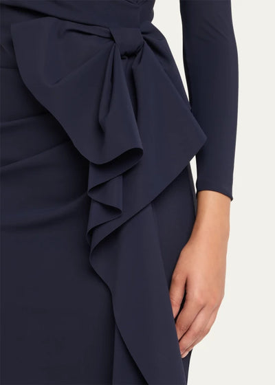 Maco Bow-Draped Jersey Gown in Midnight