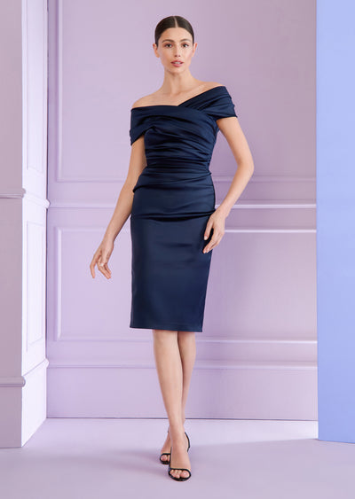 Satin Duchesse Cocktail Dress in Navy Blue