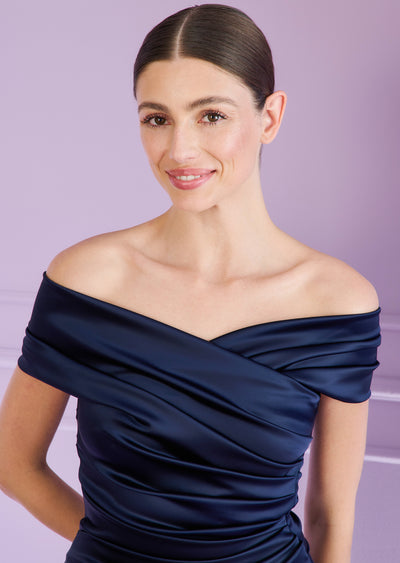 Satin Duchesse Cocktail Dress in Navy Blue