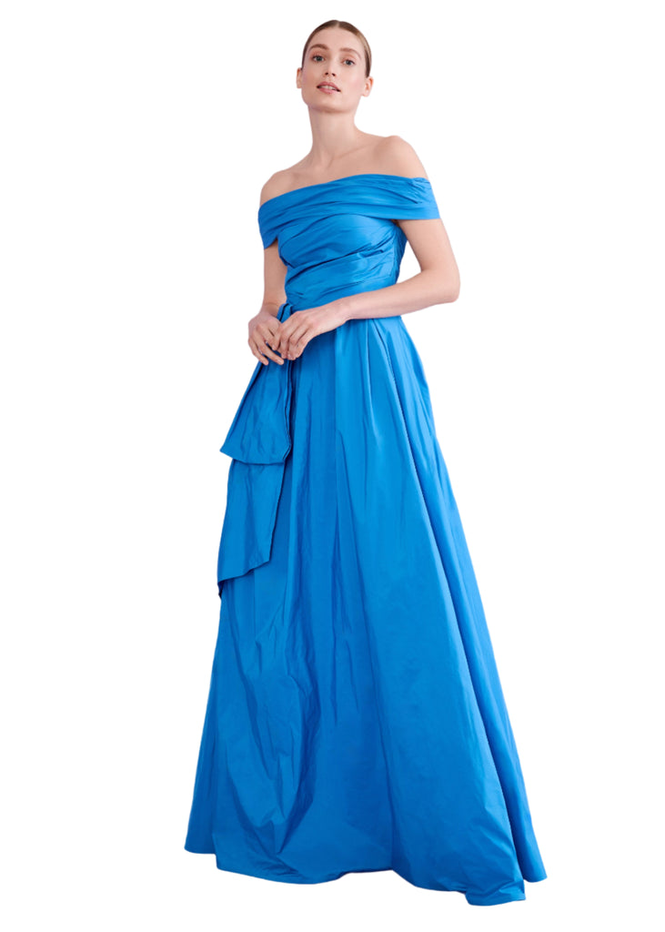 Off Shoulder Draped Gown in Cerulean Blue