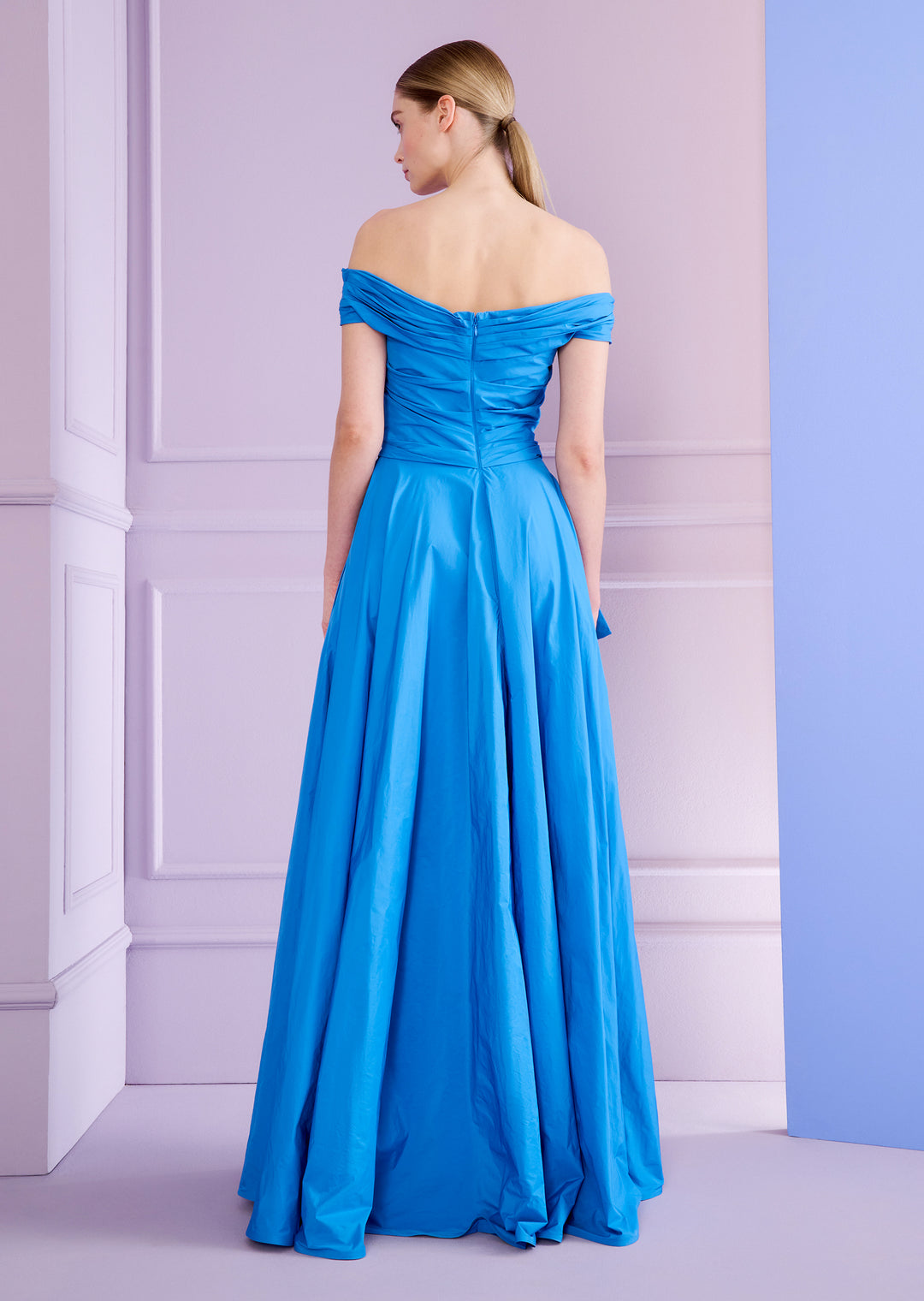 Off Shoulder Draped Gown in Cerulean Blue Off Shoulder Draped Gown in Cerulean Blue