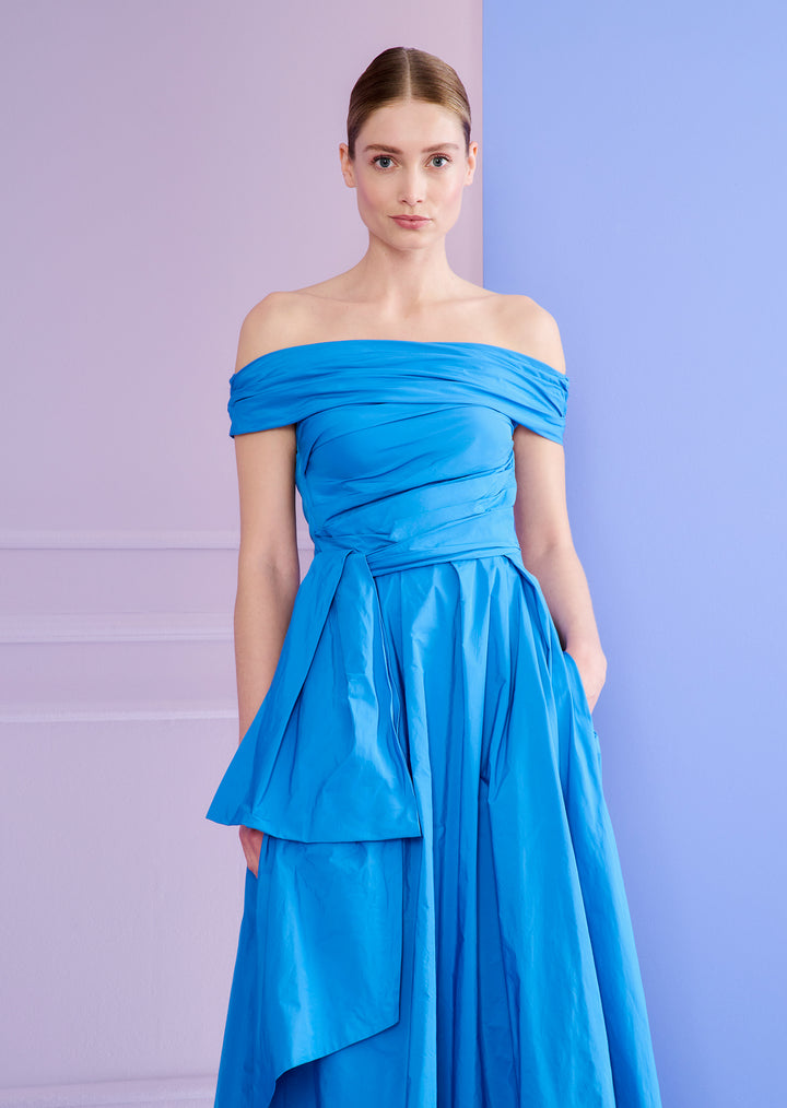 Off Shoulder Draped Gown in Cerulean Blue Off Shoulder Draped Gown in Cerulean Blue