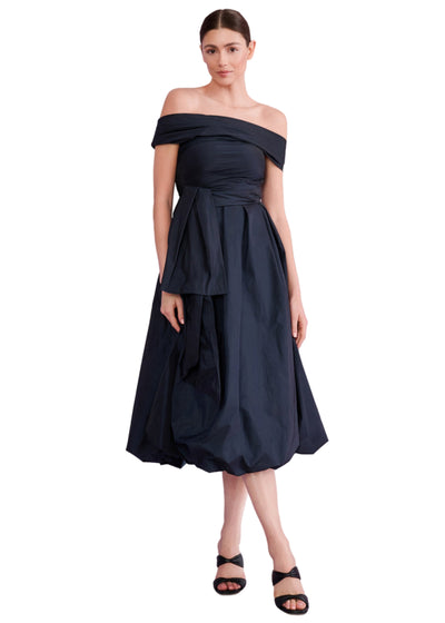 Off Shoulders Taffeta Midi Dress in Navy Blue