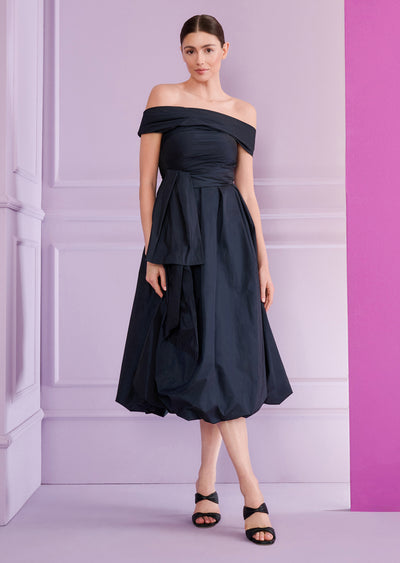 Off Shoulders Taffeta Midi Dress in Navy Blue