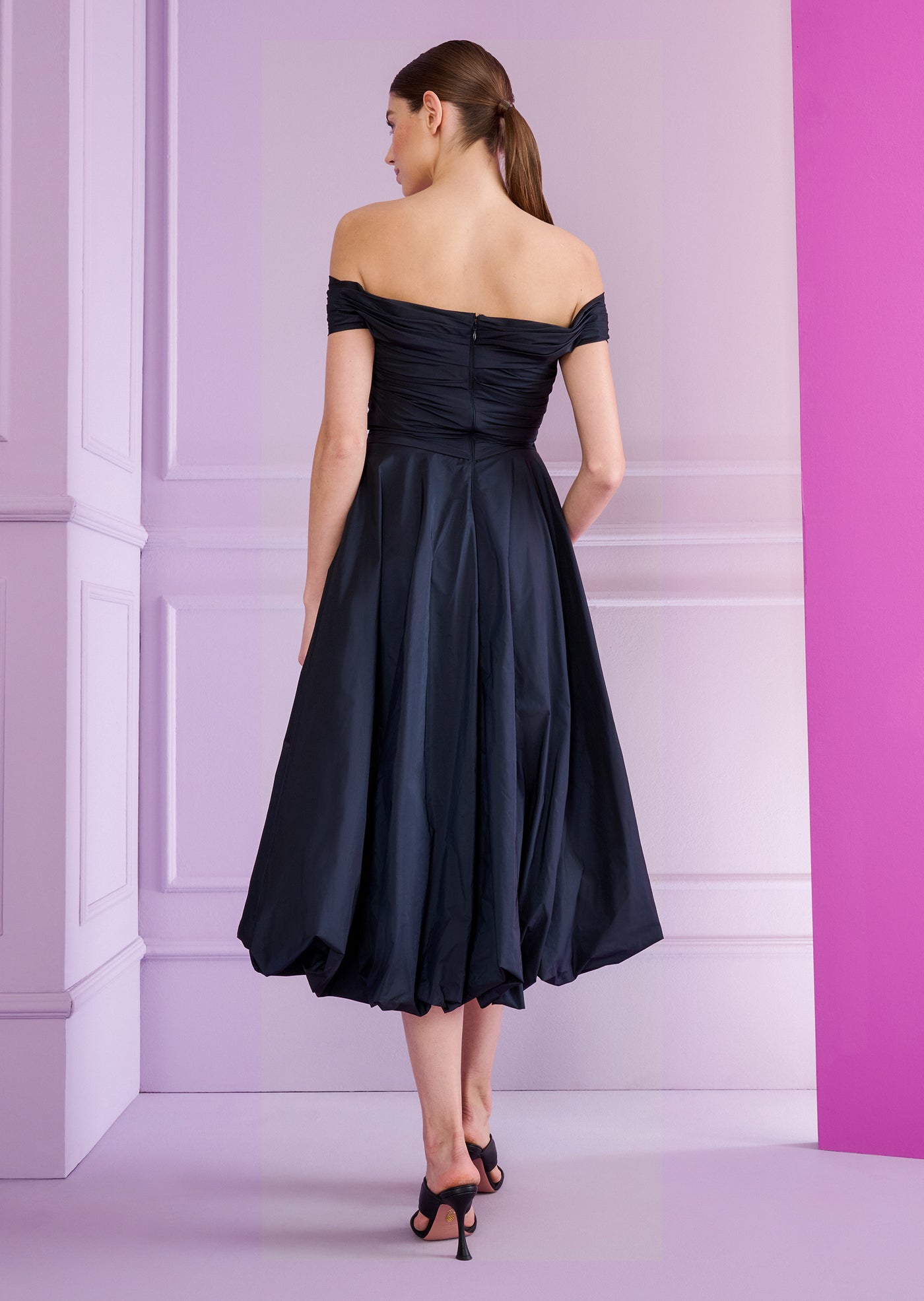 Off Shoulders Taffeta Midi Dress in Navy Blue
