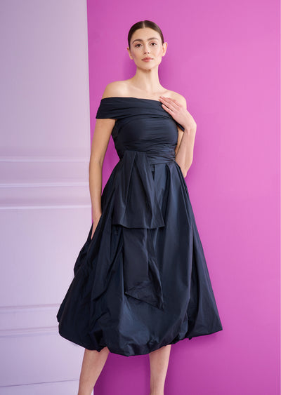 Off Shoulders Taffeta Midi Dress in Navy Blue