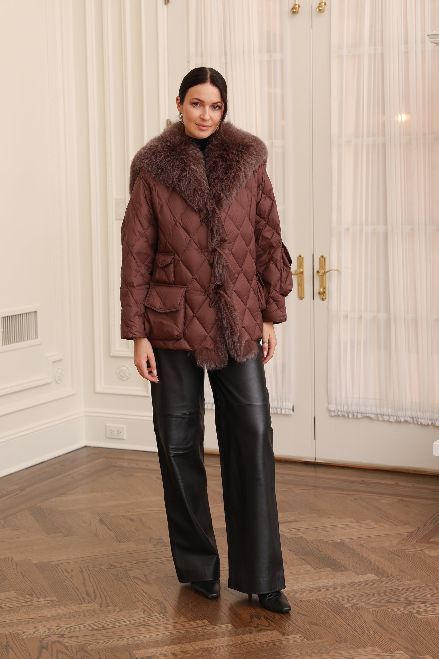 Short Down Jacket with Sailor Collar in Chocolate