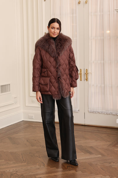 Short Down Jacket with Sailor Collar in Chocolate
