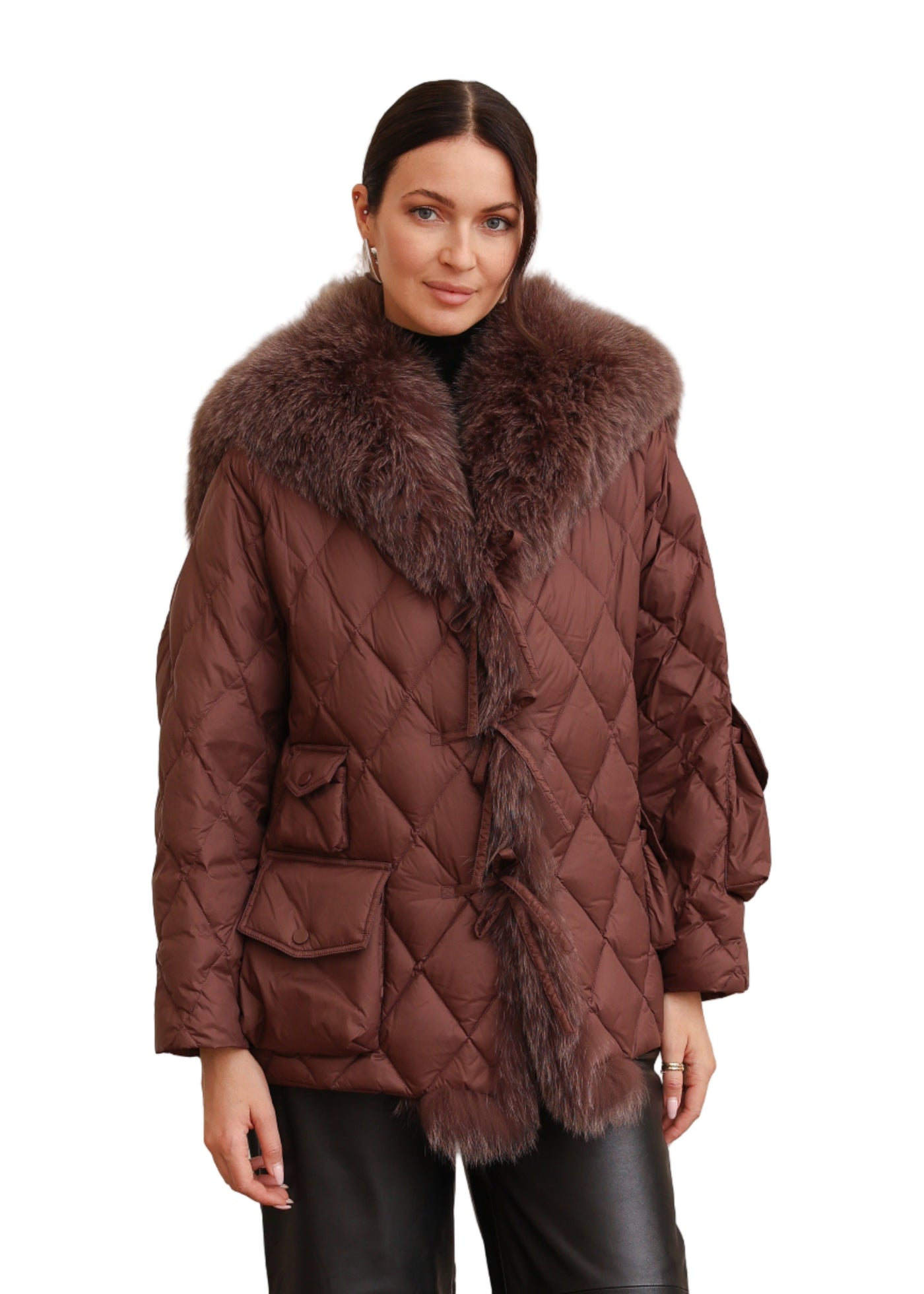 Short Down Jacket with Sailor Collar in Chocolate
