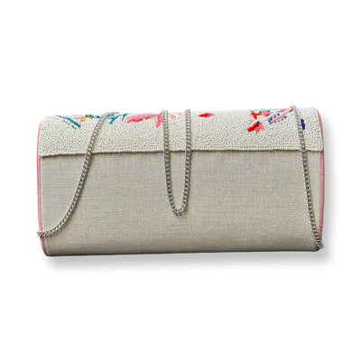 Beige Linen W/ Teal And White Beaded Clutch