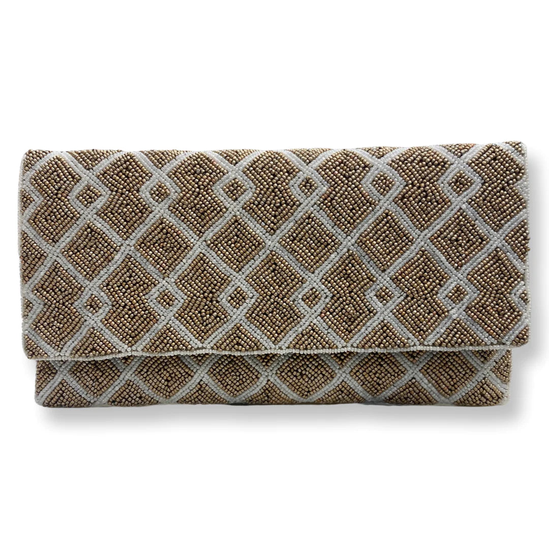 Camel And White Beaded Clutch With Chain Strap