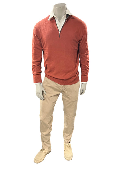 Men's Suede Trim Quarter Zip Mock in Sienna