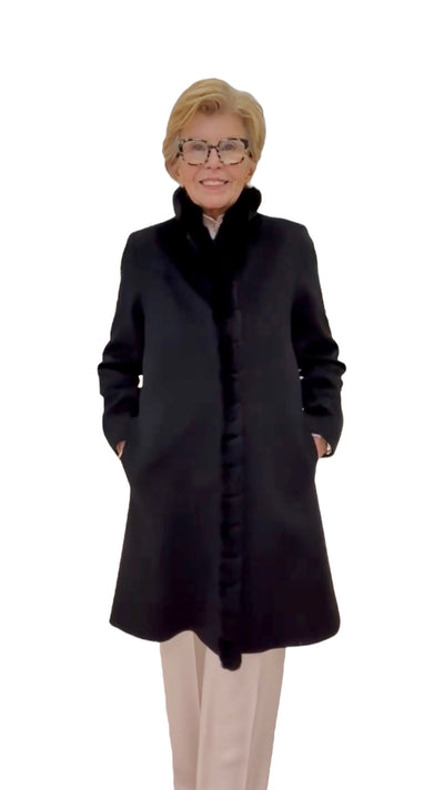 Rex Rabbit Trim Wool Coat in Black