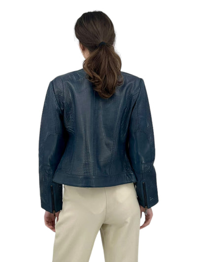 Perforated Leather Moto Jacket in Navy