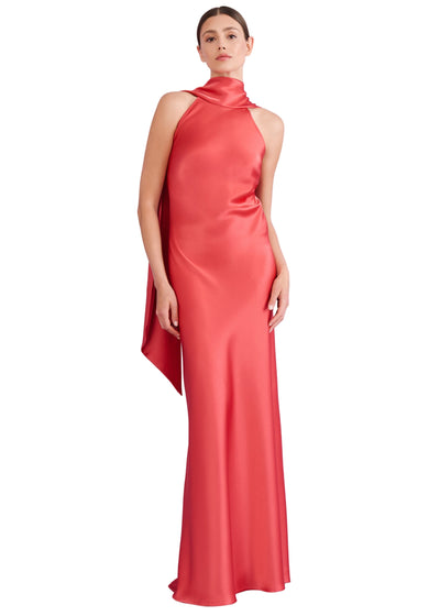 Crêpe Satin Scarf Gown in Coral