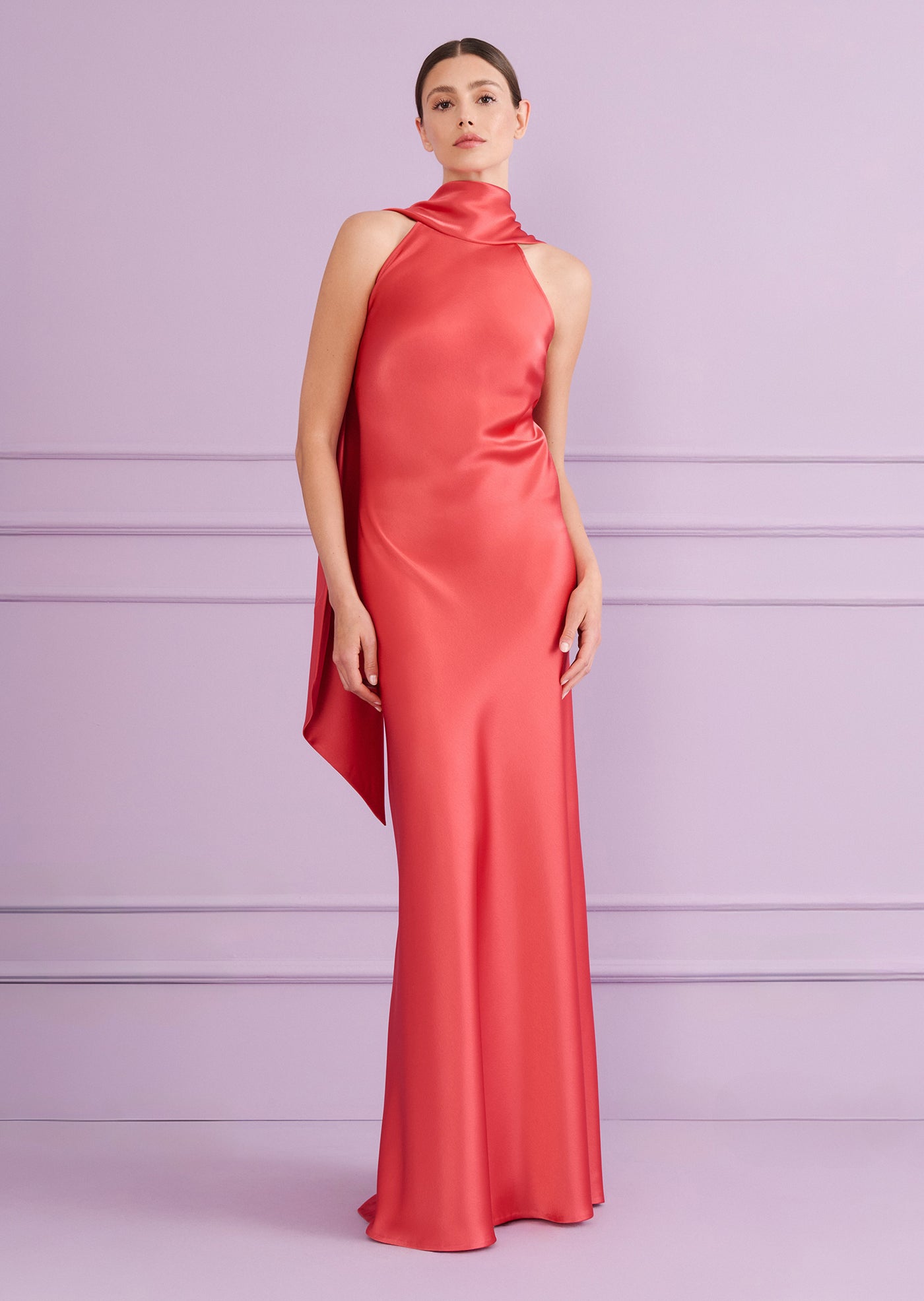 Crêpe Satin Scarf Gown in Coral