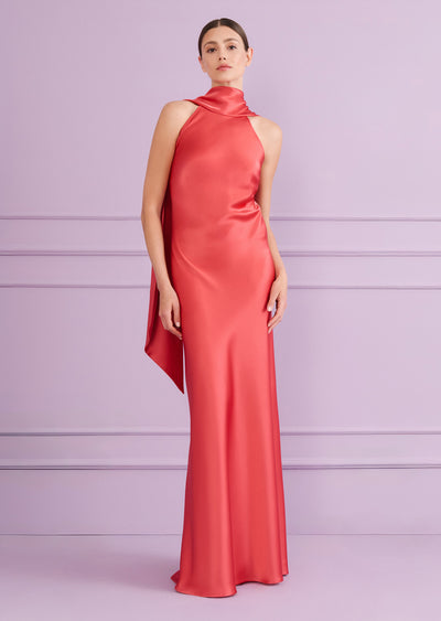 Crêpe Satin Scarf Gown in Coral