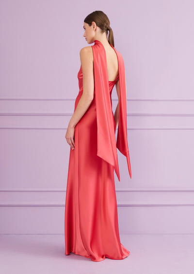 Crêpe Satin Scarf Gown in Coral