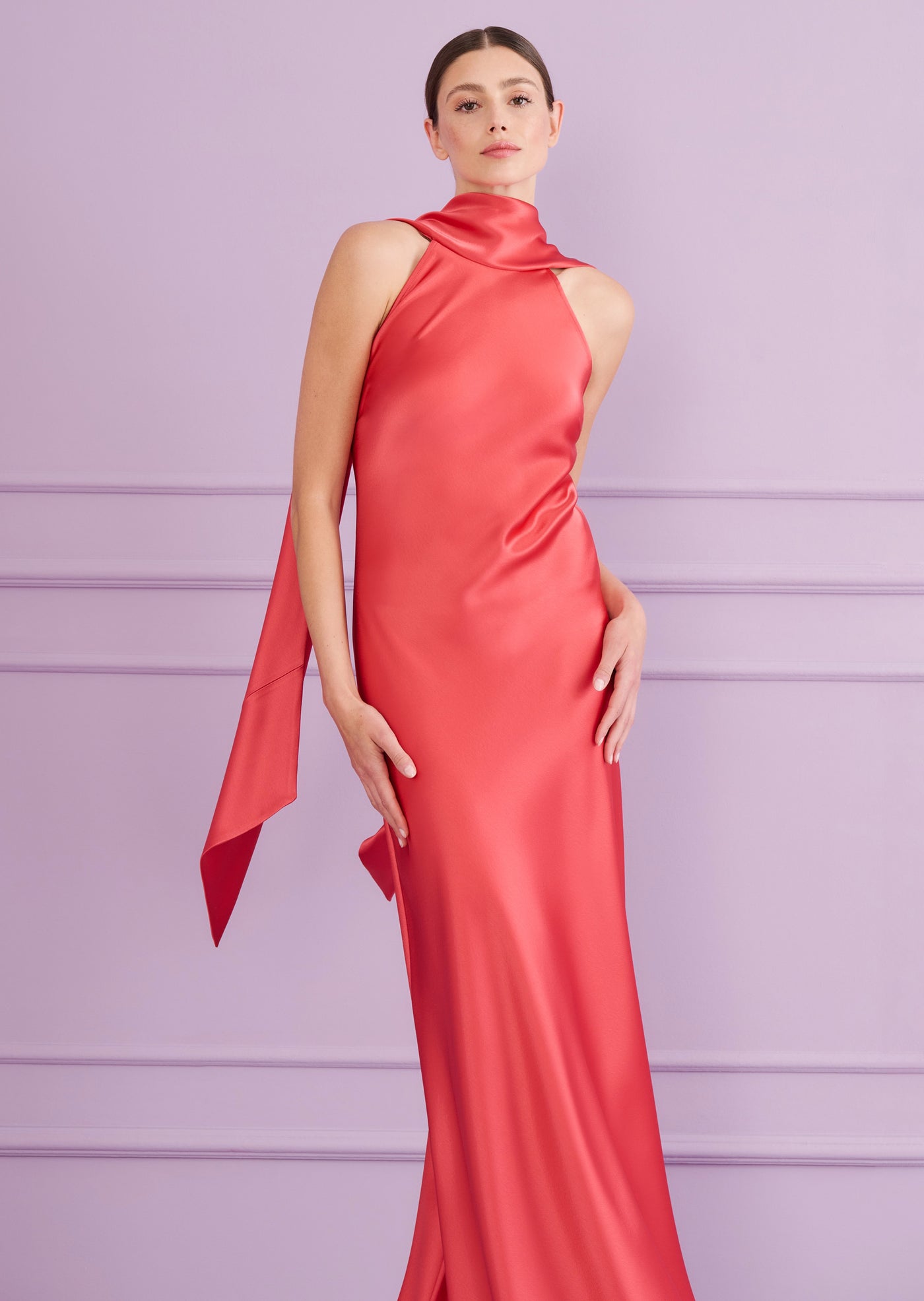 Crêpe Satin Scarf Gown in Coral