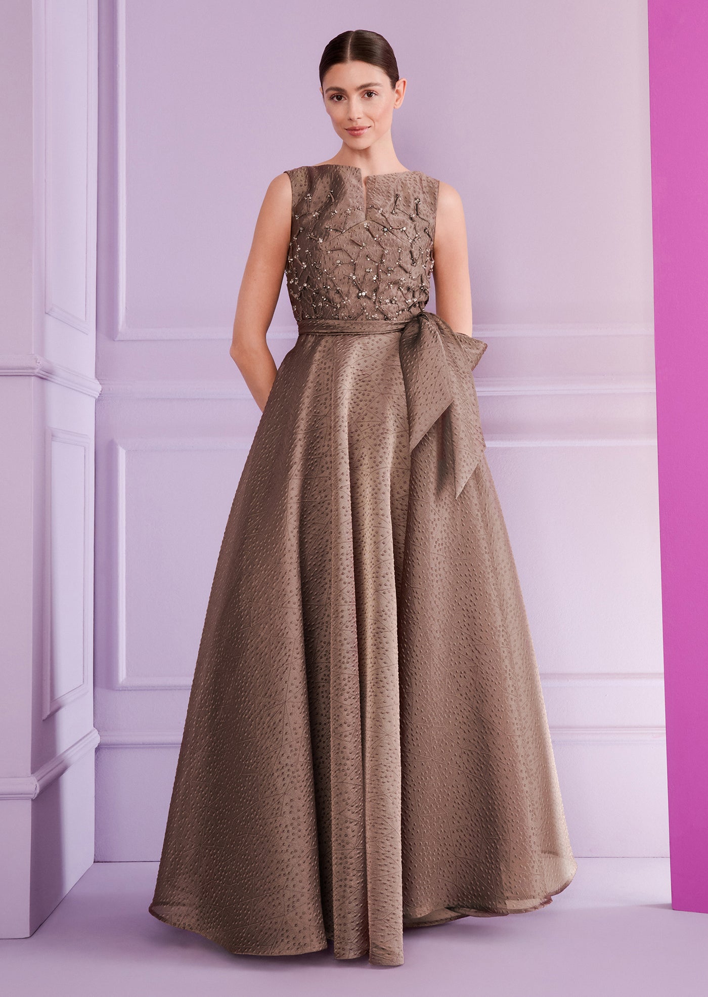 Poster Rivet Organza Ball Gown in Taupe