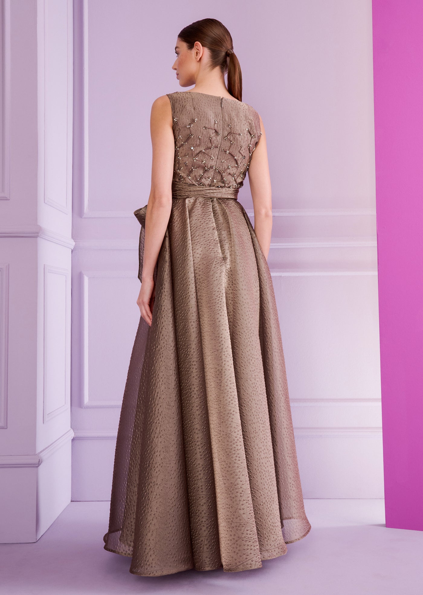 Poster Rivet Organza Ball Gown in Taupe