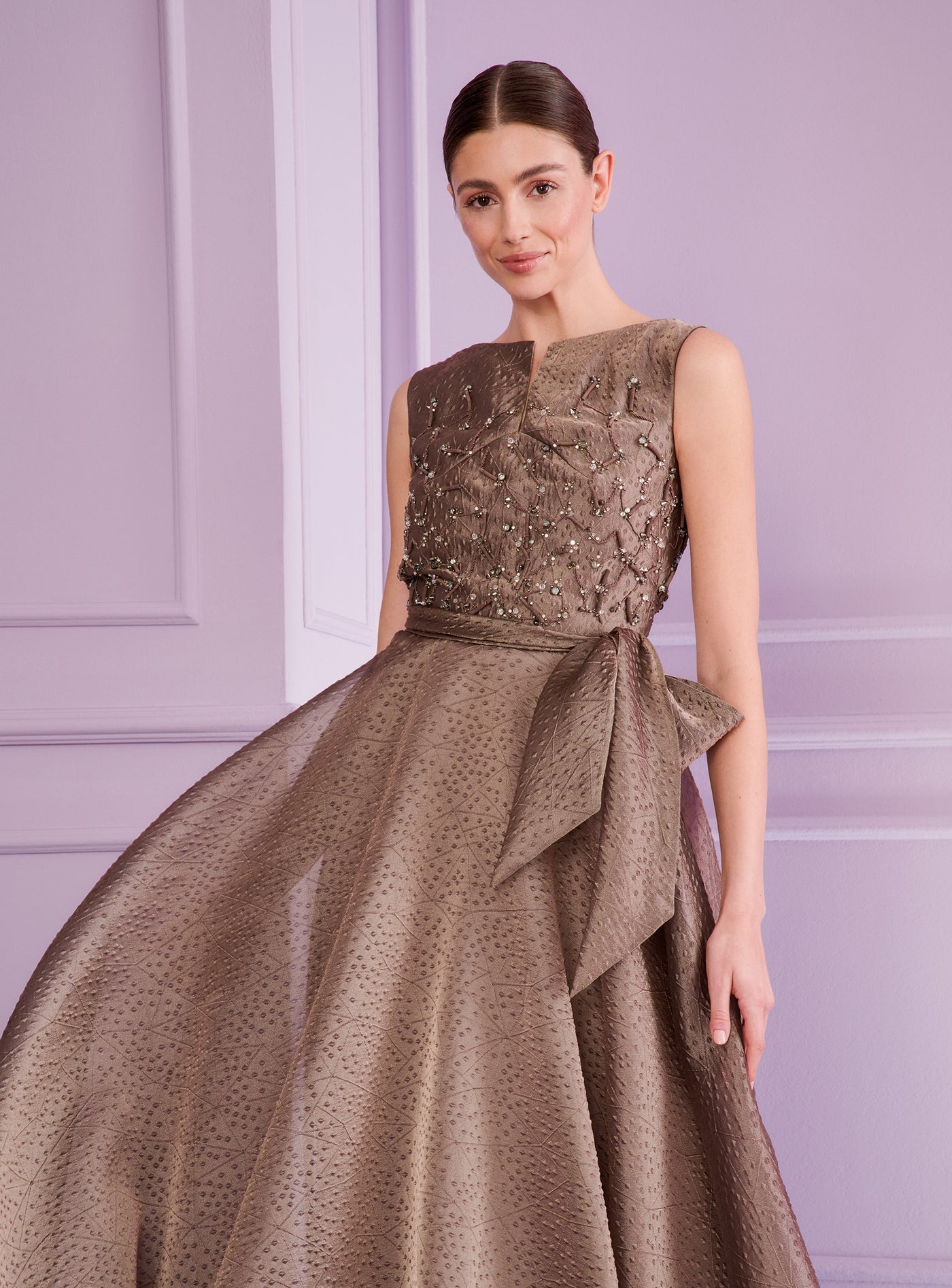 Poster Rivet Organza Ball Gown in Taupe