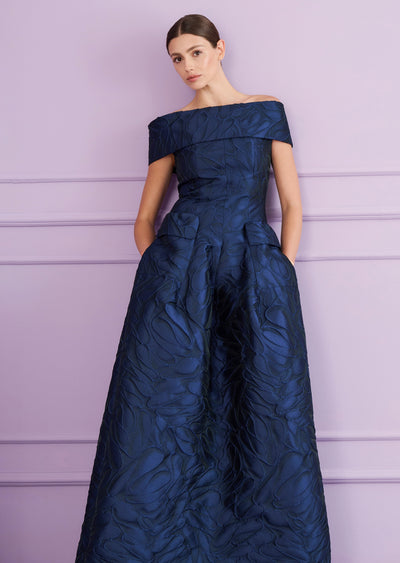 Honeydrop Jacquard Rondo Gown in Royal Navy Blue