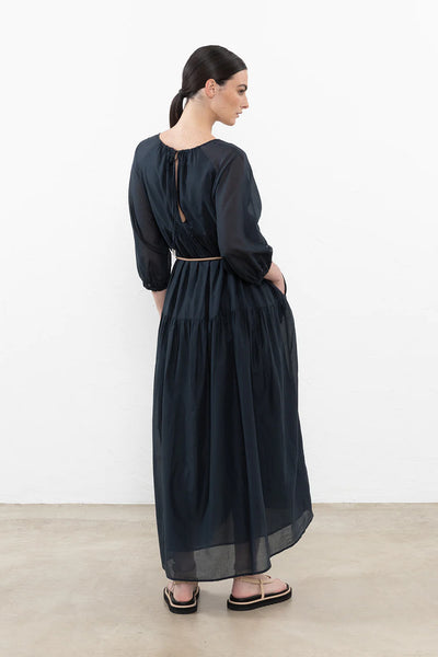 Long Pure Cotton Voile Dress in Ink Blue