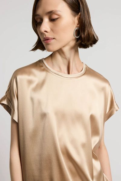 Stretch Silk Satin T-shirt in Amber Beige