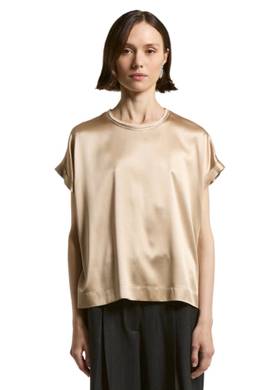 Stretch Silk Satin T-shirt in Amber Beige