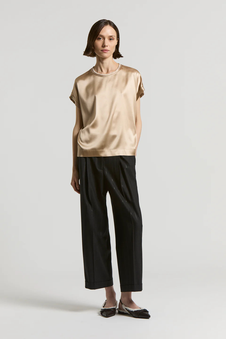 Stretch Silk Satin T-shirt in Amber Beige