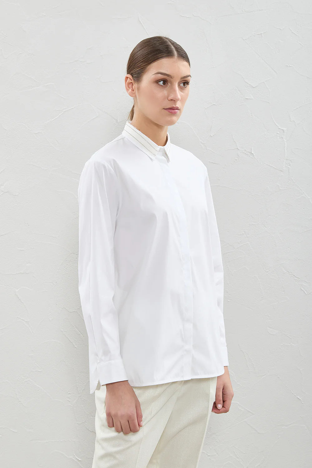 Woman Shirt Plain Cotton Stretch Popeline - Pottery White