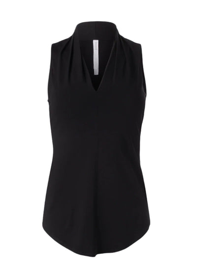 Matte Jersey Sleeveless Pleated V-Neck Top in Black