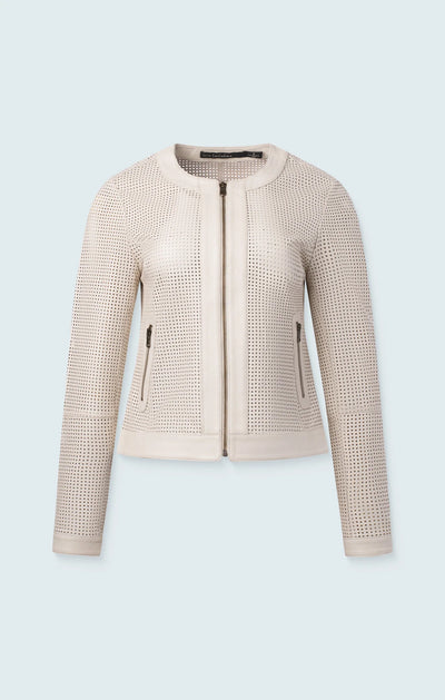 Perforated Leather Moto Jacket in Bone
